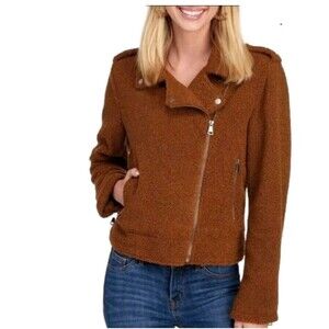 Max Studio Jacket Women's Medium Brown Faux Shearling Zip-Up Moto Jacket